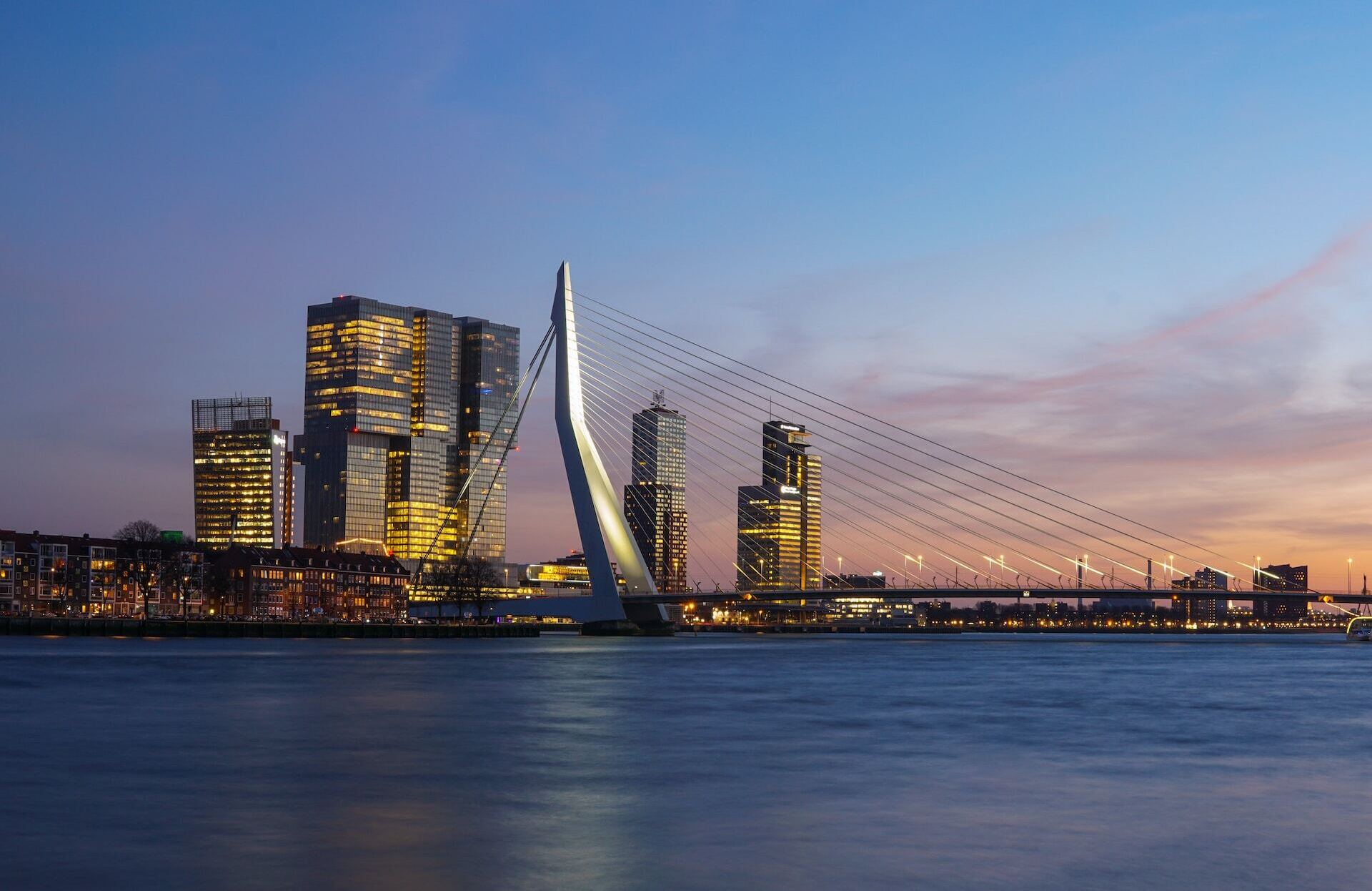 Sunset at the Erasmus Bridge in Rotterdam